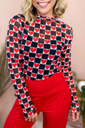 Rose Checkerboard Mesh Long Sleeve Fitted Top