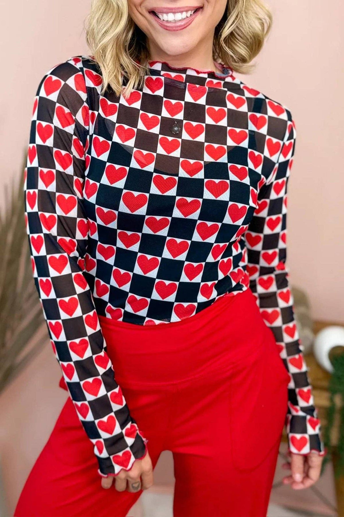 Rose Checkerboard Mesh Long Sleeve Fitted Top